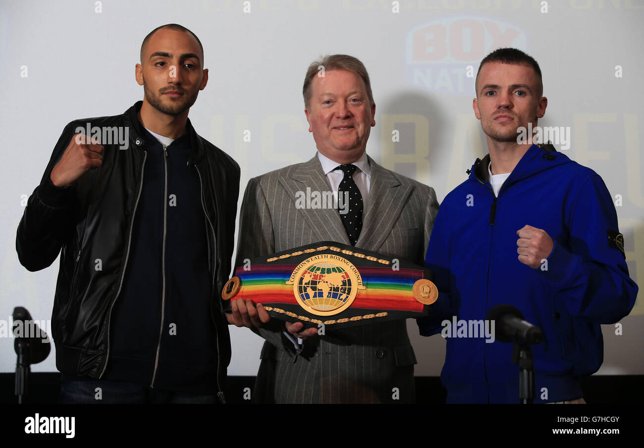 Bradley Skeete (left) with promoter Frank Warren and Frankie Gavin (right) ahead of the Commonwealth Super-Featherweight fight on Saturday during the head to head press conference at the Imperial War Museum, London. Stock Photo