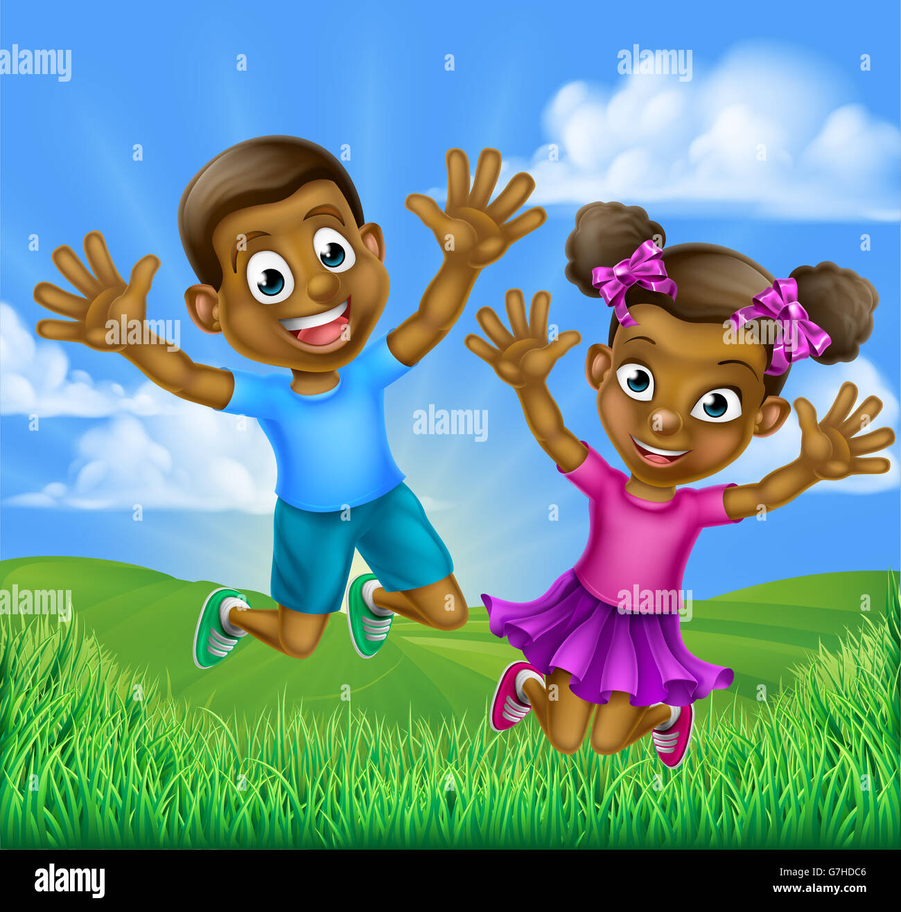 Happy cartoon young black boy and girl children jumping for joy ...