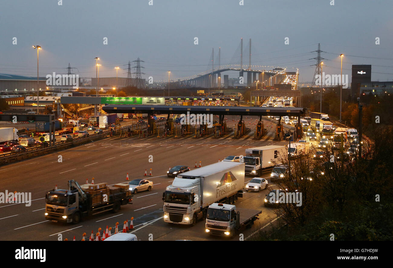 Traffic flows through the Dartford Crossing in Kent on the first rush