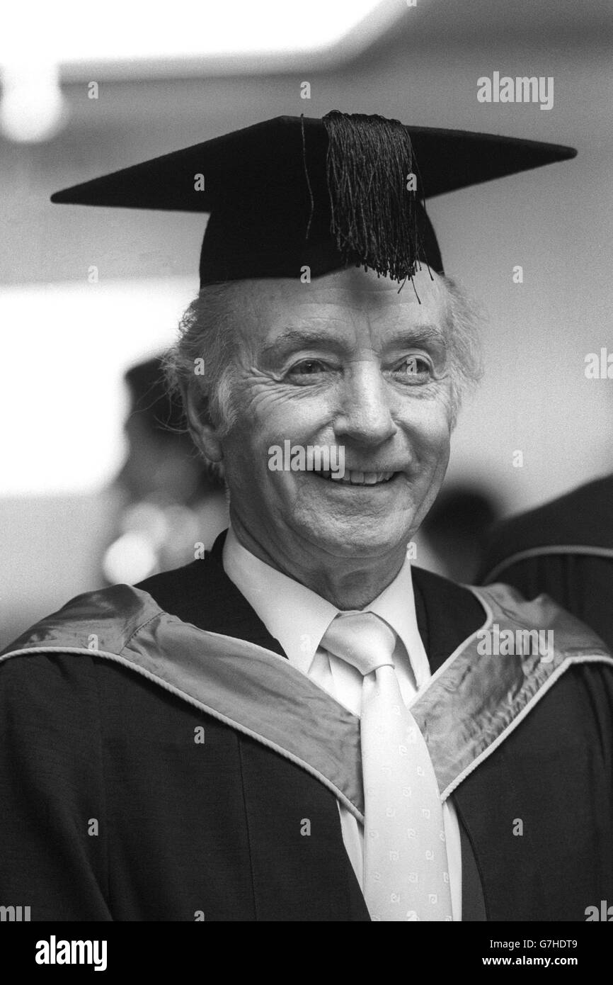 Football legend Sir Stanley Matthews dons an all-black 'kit' to receive his honorary degree from Keele University in his hometown of Stoke-on-Trent, Staffordshire. The 72-year-old former England, Stoke and Blackpool FC winger flew in from his home in Toronto for the ceremony. Stock Photo