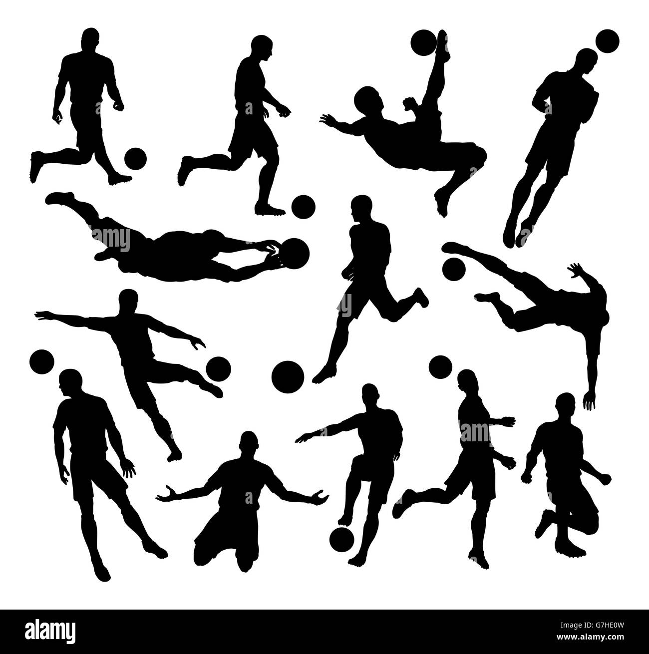 A set of Soccer Football Player Silhouettes in lots of different poses Stock Photo
