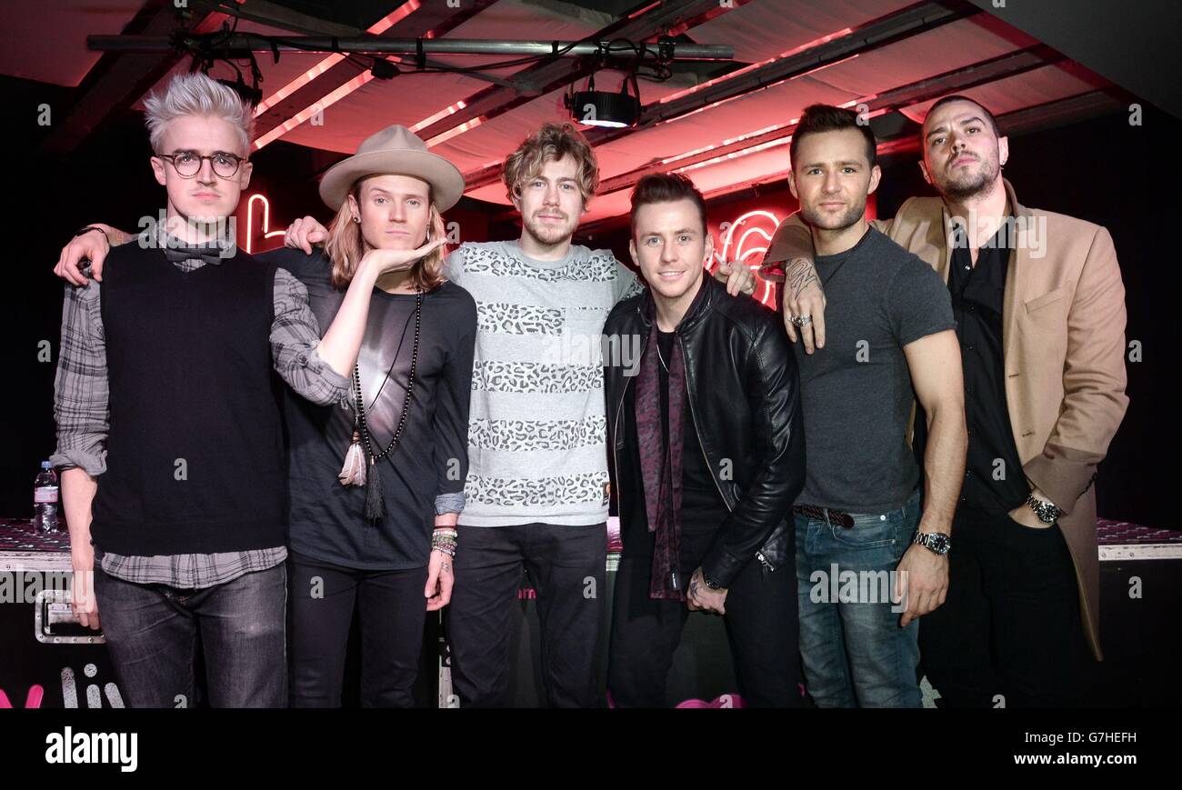 (Left - right) Tom Fletcher, Dougie Poynter, James Bourne, Danny Jones, Harry Judd and Matt Willis of McBusted launch their debut single Air Guitar, DVD/blu-ray documentary Tourplay and the album McFly at HMV on Oxford street, London. Stock Photo