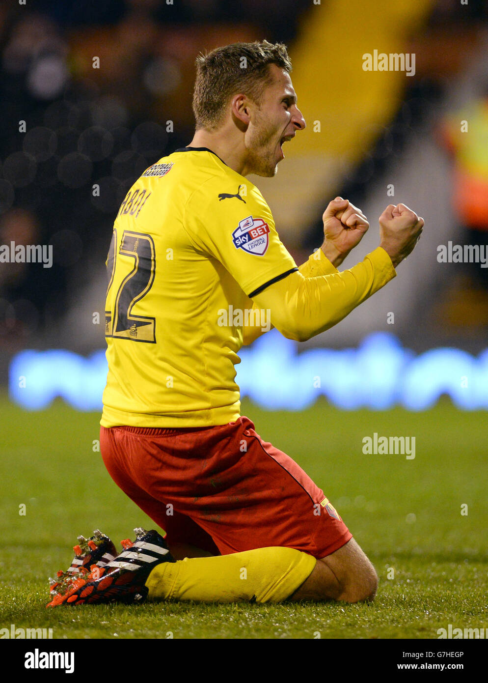 Watford's Almen Abdi celebrates scoring his side's fourth goal during the Sky Bet Championship match at Craven Cottage, London. Stock Photo