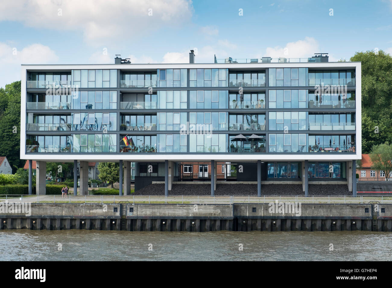 Modern luxury apartment building on waterfront of River Elbe in Hamburg