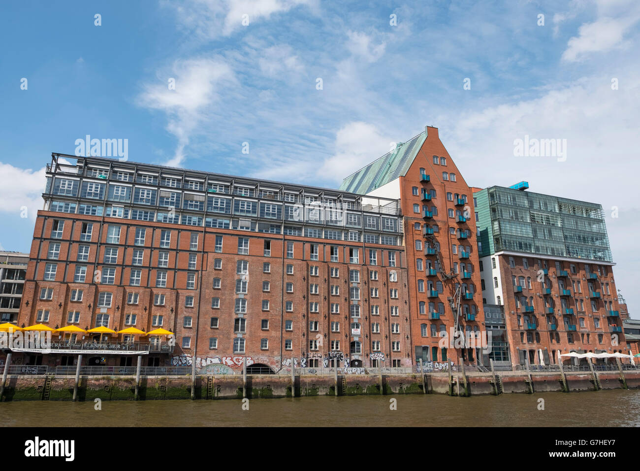 Old warehouse buildings converted to luxury apartments and offices on