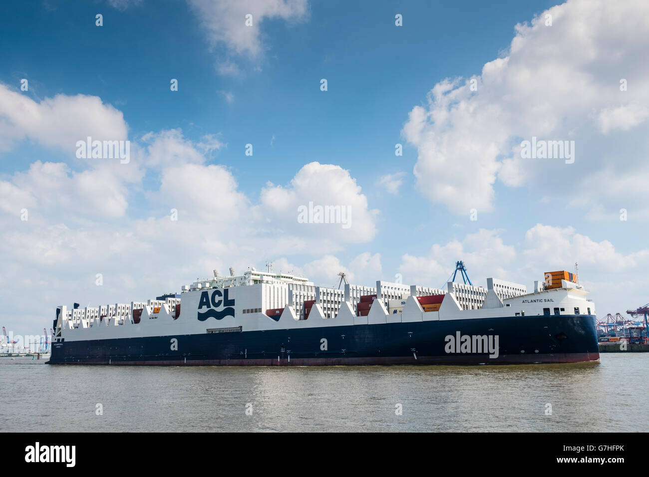 New Atlantic Sail ship leaving Port of Hamburg on River Elbe. Ship is new ACL ConRo G4 generation combined Roll -On/Roll -Off an Stock Photo