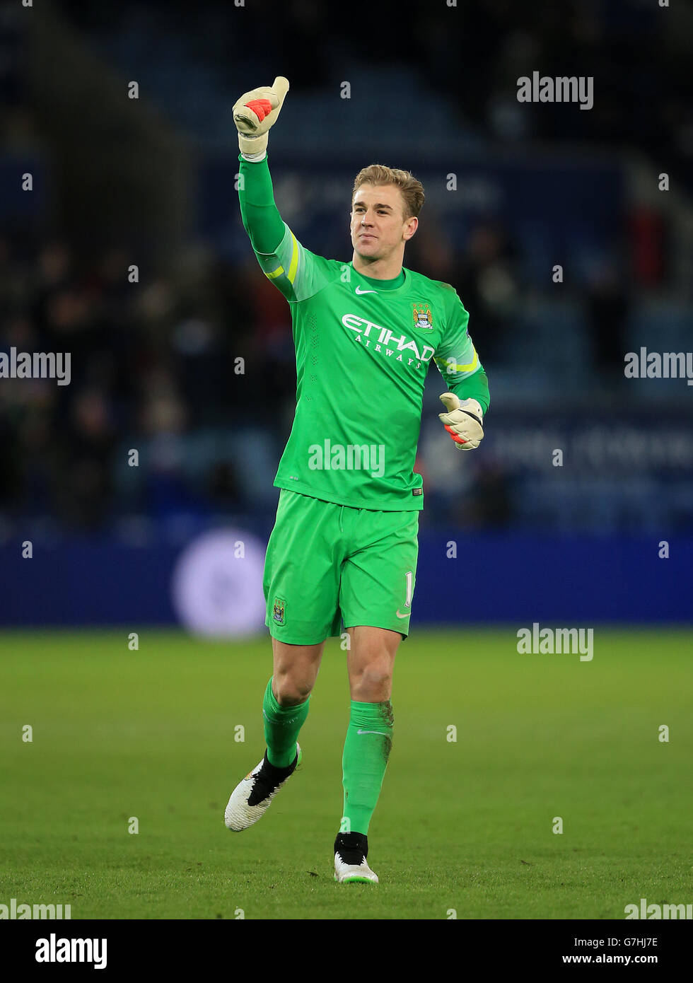 Manchester City goalkeeper Joe Hart celebrates after the game during the Barclays Premier League match at the King Power Stadium, Leicester. PRESS ASSOCIATION Photo. Picture date: Saturday December 13, 2014. See PA story SOCCER Leicester. Photo credit should read Nick Potts/PA Wire. Maximum 45 images during a match. No video emulation or promotion as 'live'. No use in games, competitions, merchandise, betting or single club/player services. No use with unofficial audio, video, data, fixtures or club/league logos. Stock Photo