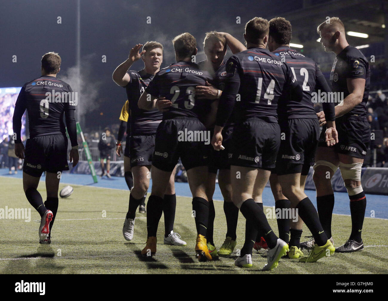 Saracens' Ben Ransom (centre) is congratulatede by team mates ...