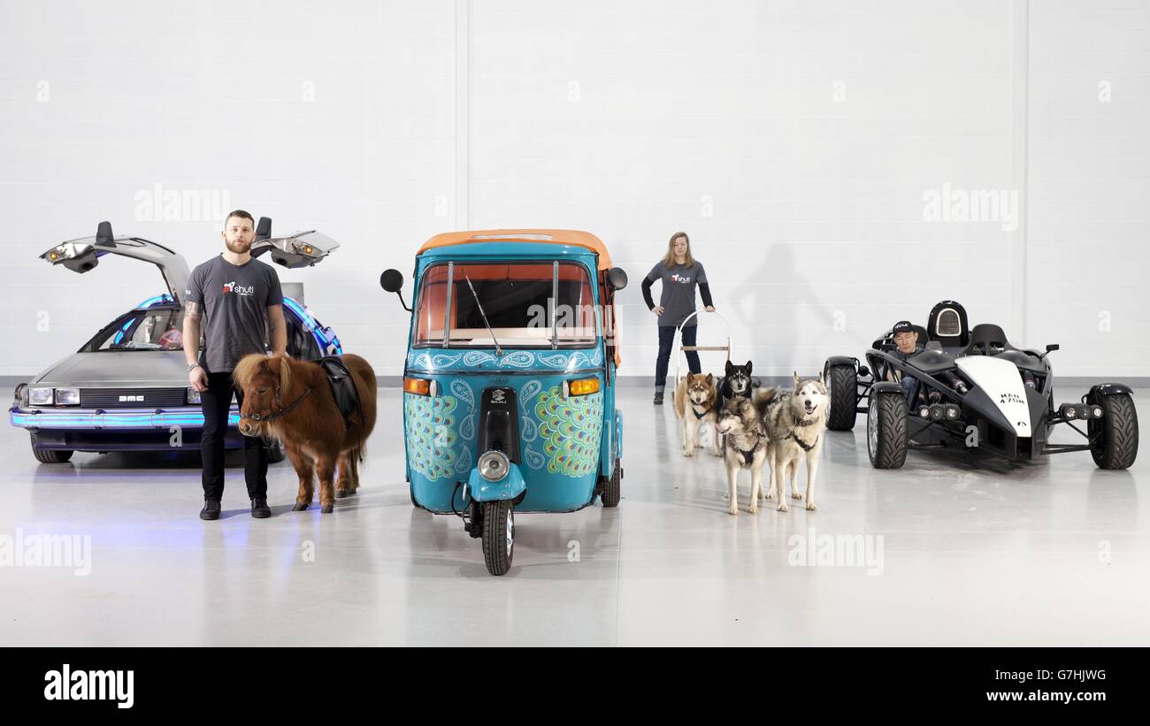 A Delorean, Shetland Pony, Tuk Tuk, Husky Sled and Ariel Atom part of a special Christmas fleet, prepares to make Shutl deliveries, at a depot in St Albans, Hertfordshire. Stock Photo