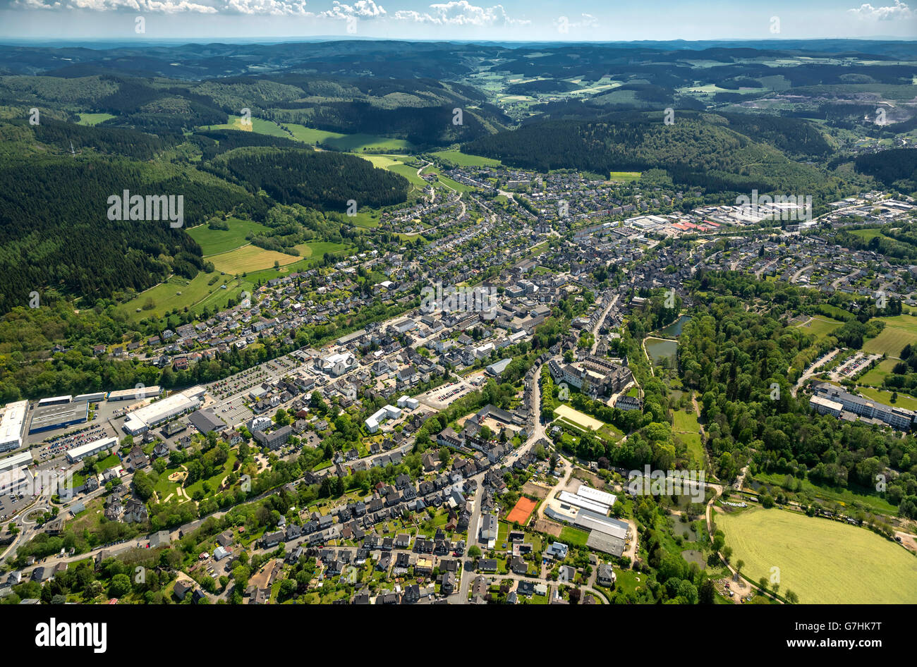 Aerial view, looking over Berleburg Castle with orangery on the town of