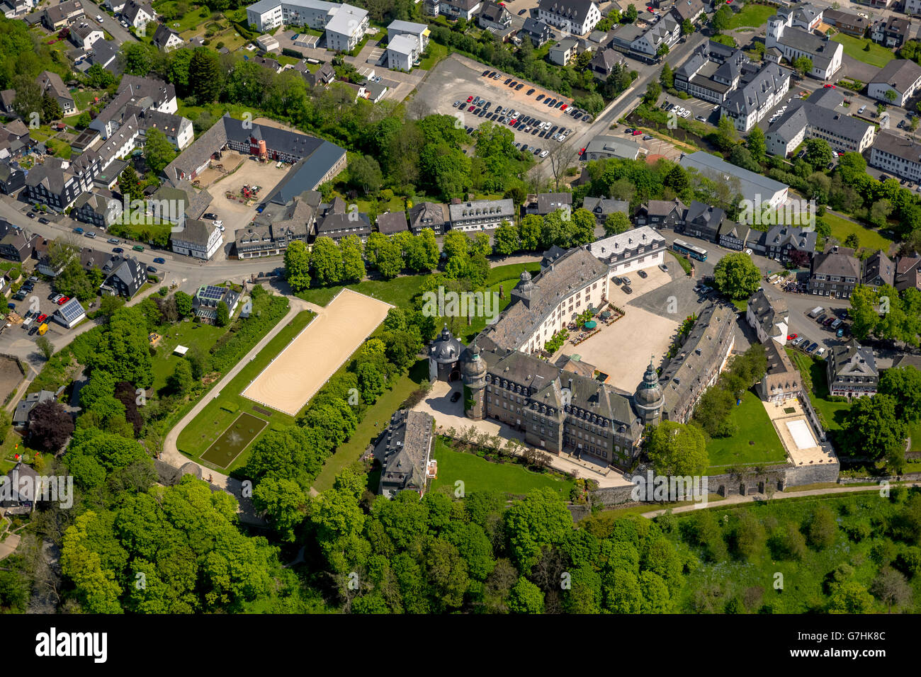 Aerial view, looking over Berleburg Castle with orangery on the town of