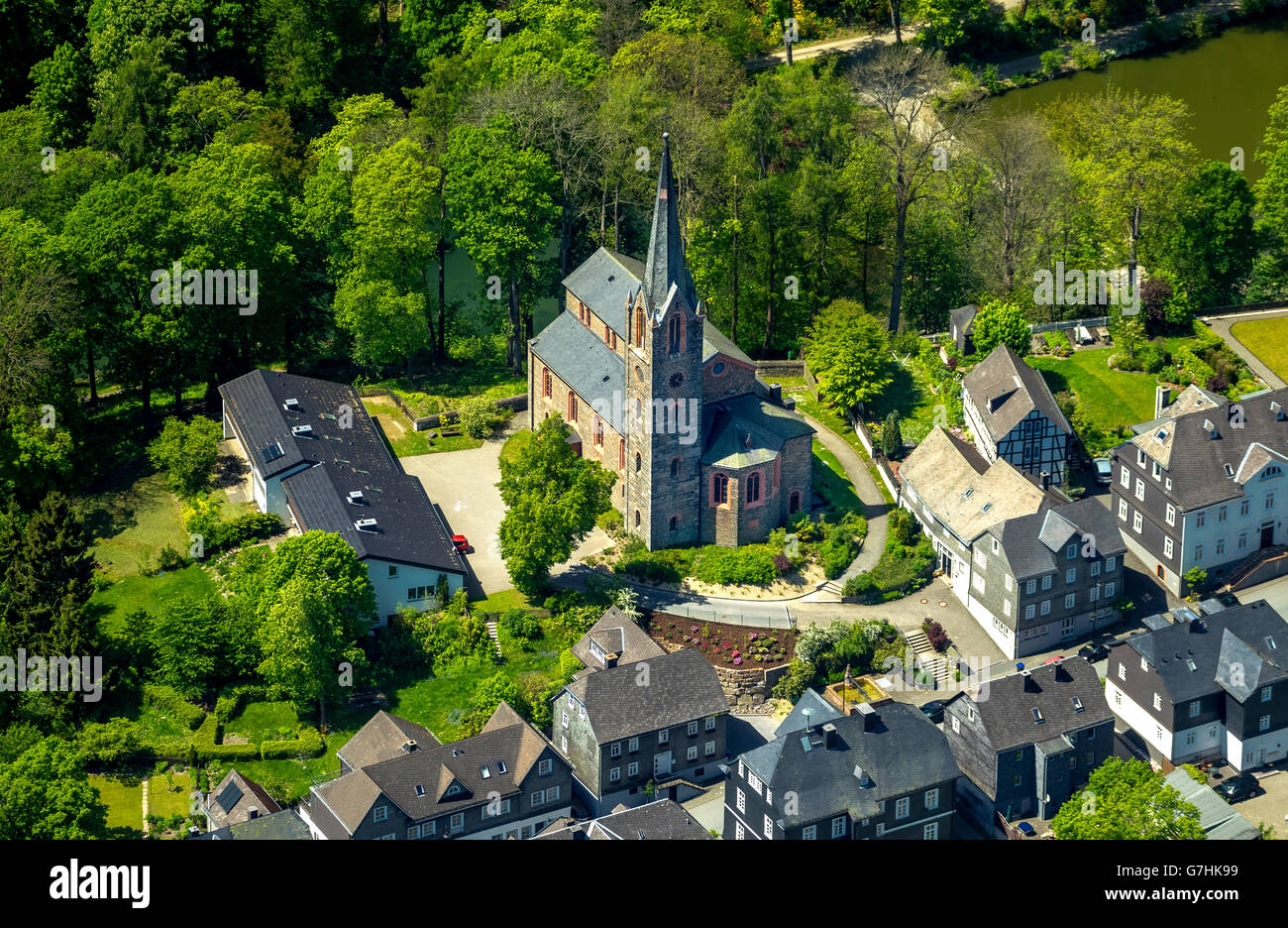 Aerial view, Protestant church Schloßstraße, Bad Berleburg, Siegen-Wittgenstein, Rothaargebirge mountain, North Rhine Westphalia Stock Photo