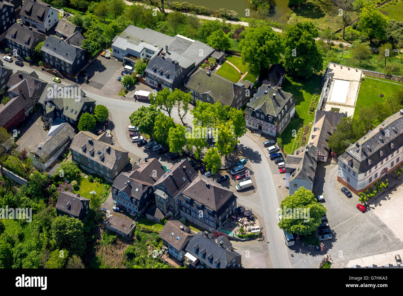 Aerial view, Goethe square, Protestant church Schloßstraße, Bad Berleburg, Siegen-Wittgenstein, Rothaargebirge mountain, Stock Photo
