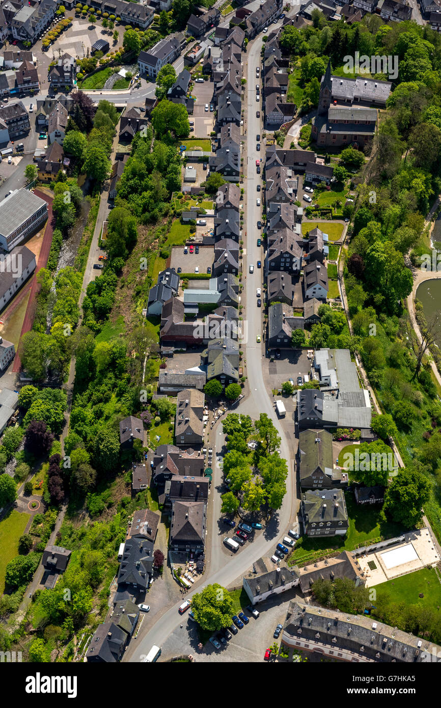 Aerial view, Goethe square, Protestant church Schloßstraße, Bad Berleburg, Siegen-Wittgenstein, Rothaargebirge mountain, Stock Photo