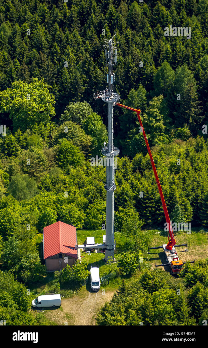 Aerial view, working on a transmission tower, antennas, radio antennas