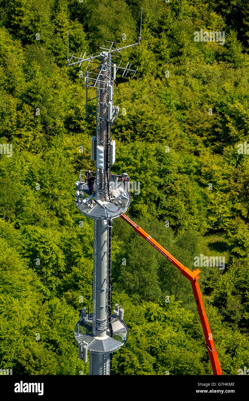 Aerial view, working on a transmission tower, antennas, radio antennas