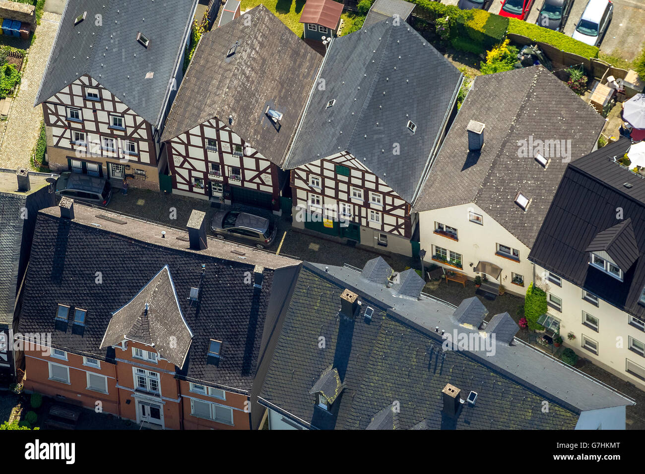 Aerial view, half-timbered houses, old town, aerial view, Bad Laasphe, Siegen-Wittgenstein, Nordrhein-Westfalen, Germany, Europe Stock Photo