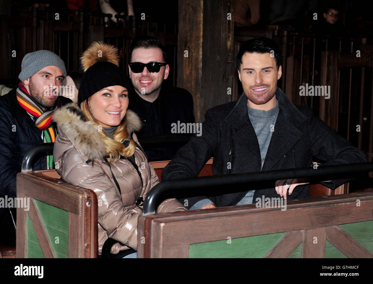 Sam Faiers, Mark Feehily (second right) and Rylan Clarke (right), riding Thunder Mountain, during the charity trip to Disneyland Paris for under privileged children. PRESS ASSOCIATION Photo. Picture date: Tuesday December 16, 2014. Photo credit should read: Nick Ansell/PA Wire Stock Photo
