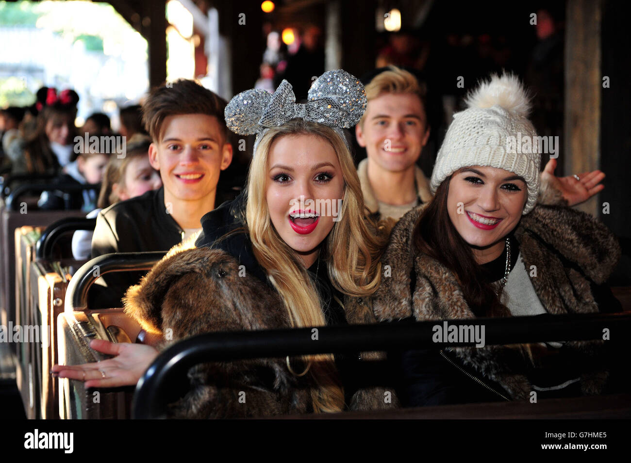 (Left to right) Charlie George, Mikey Russell-Bromley, Betsey-Blue English and Parisa Tarjomaniand of Only the Young, ride Thunder Mountain, during the charity trip to Disneyland Paris for under privileged children. Stock Photo
