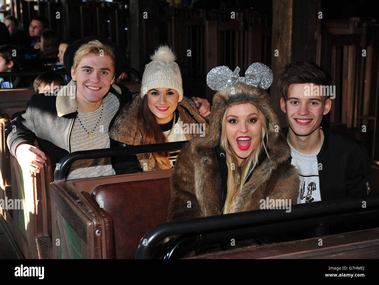 (Left to right) Mikey Russell-Bromley, Parisa Tarjomani, Betsey-Blue English and Charlie George of Only the Young, ride Thunder Mountain, during the charity trip to Disneyland Paris for under privileged children. Stock Photo