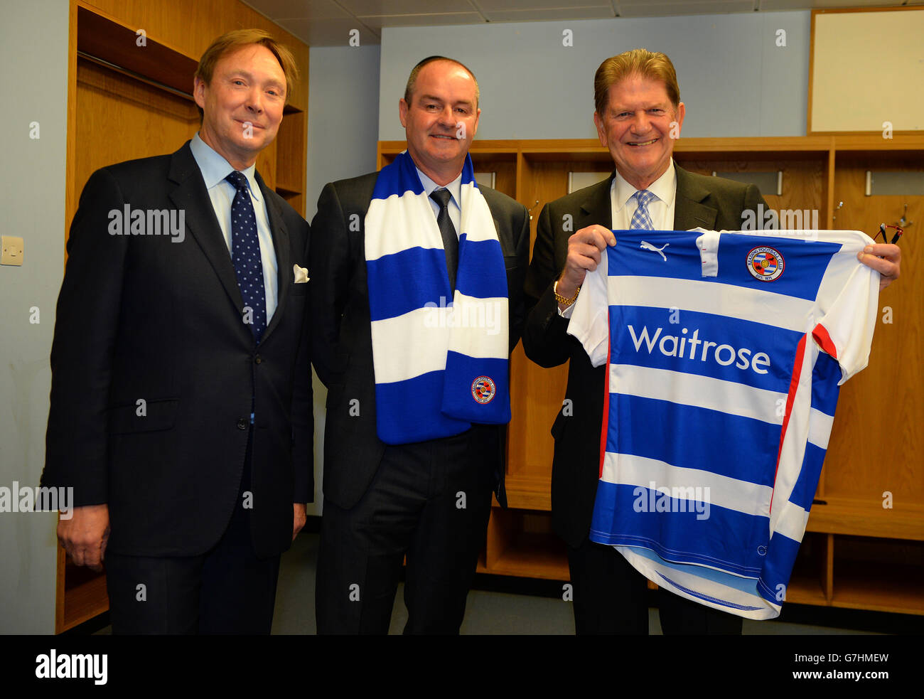 Reading's Chief Executive Nigel Howe, New Reading manager Steve Clarke and Reading's Chairman Sir John Madejski during the press conference and photocall at the Madejski Stadium Stock Photo