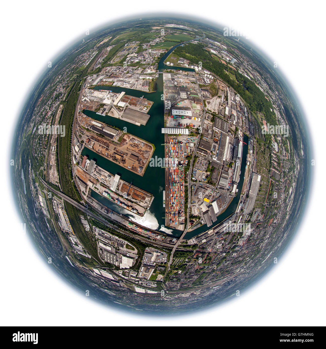Aerial view, Dortmund harbor with container terminal, fisheye image, round image, docks, Iron Port, Dortmund, Ruhr, North Rhine Stock Photo