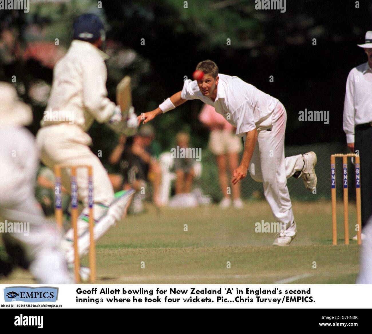 Geoff Allott bowling for New Zealand 'A' in England's second innings where he took four wickets. Stock Photo