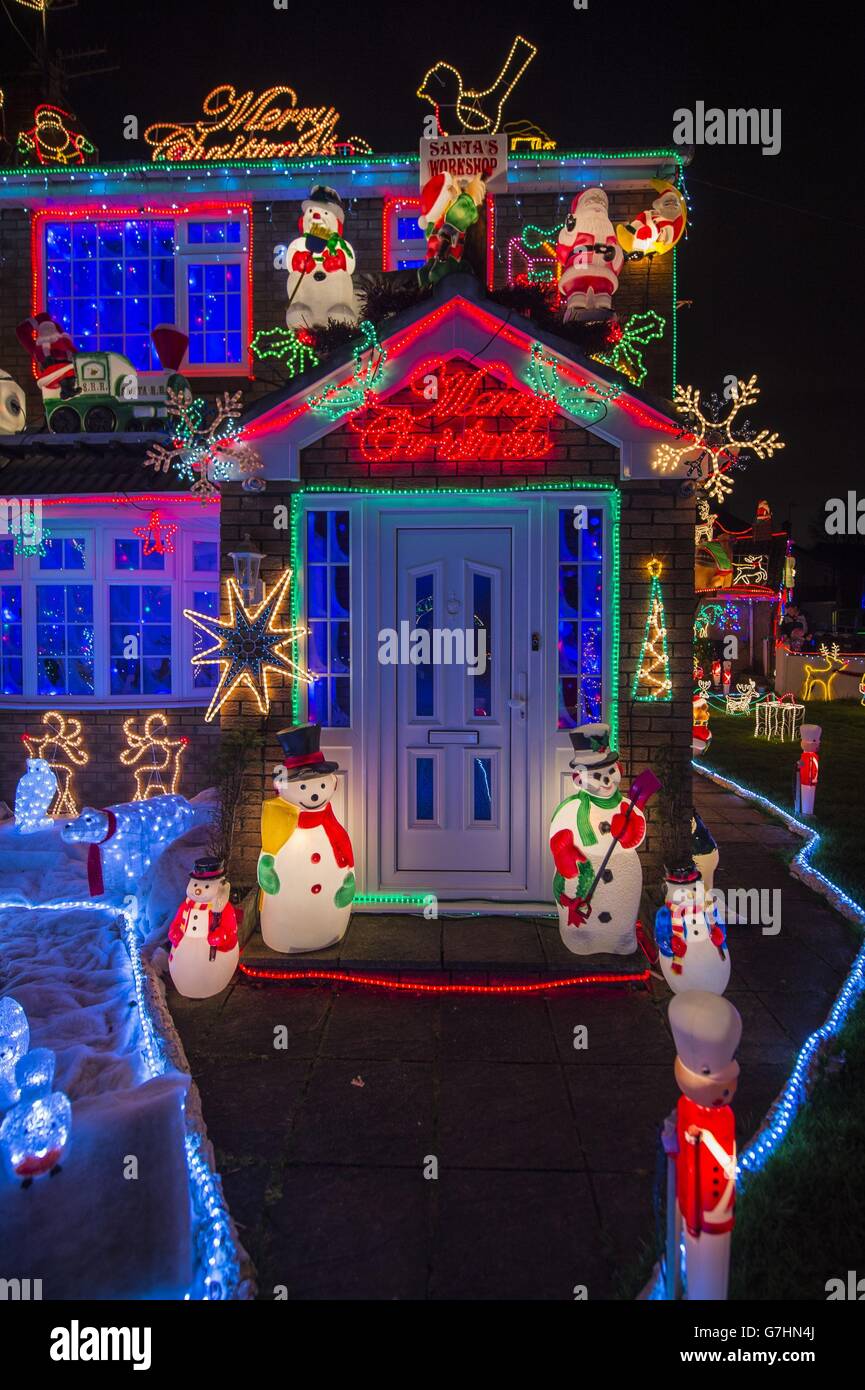 Christmas lights in Bristol where the Brailsford family decorate their home for charity. Stock Photo