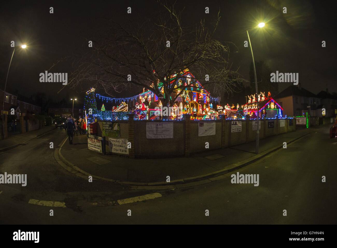 Christmas lights 2014. Christmas lights in Bristol where the Brailsford family decorate their home for charity. Stock Photo