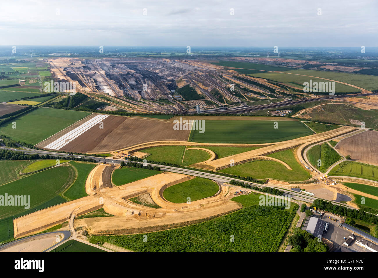 Aerial view, Rheinbraun, new motorway junction A61 and A44 and lignite mining Garzweiler I, Bedburg, Lower Rhine region, Stock Photo