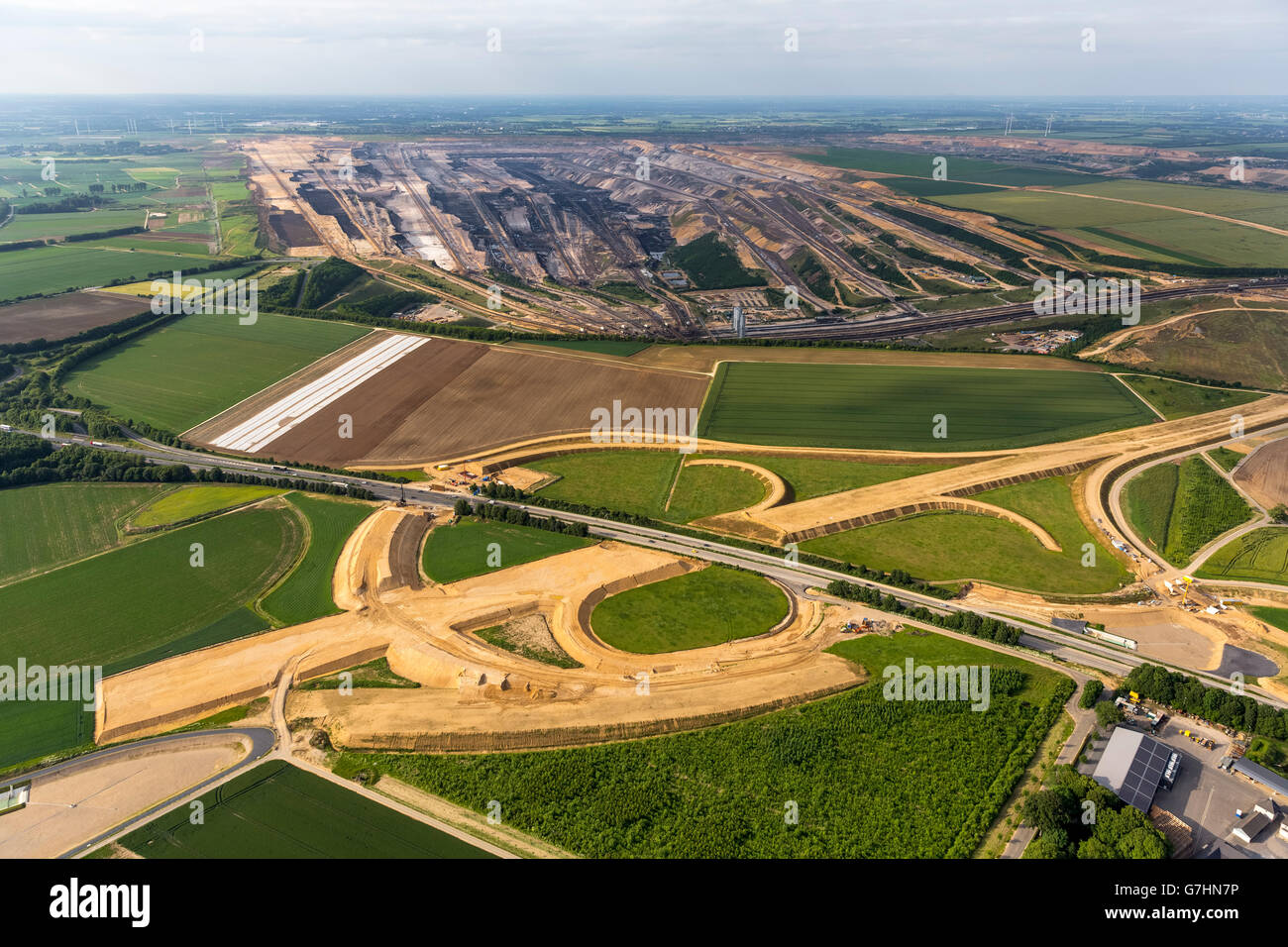 Aerial view, Rheinbraun, new motorway junction A61 and A44 and lignite mining Garzweiler I, Bedburg, Lower Rhine region, Stock Photo