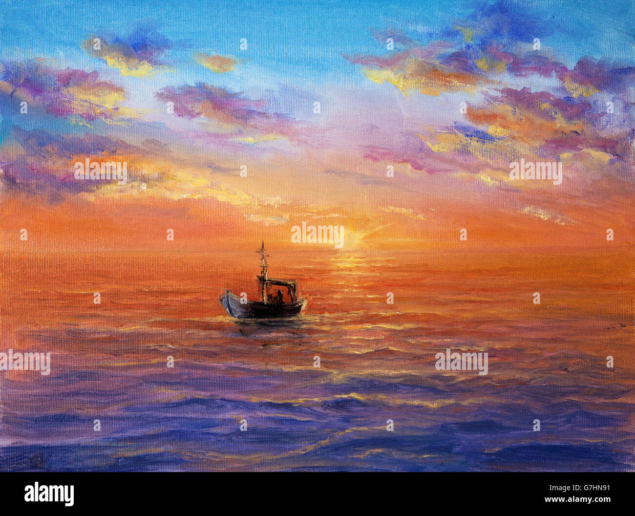 Original abstract oil painting of fishing boat    and sea on canvas.Rich Golden Sunset over ocean.Modern Impressionism Stock Photo