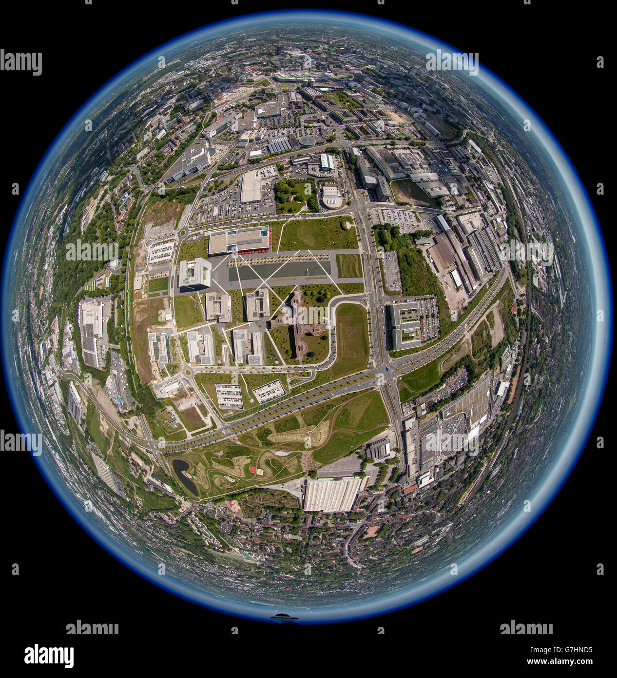 Aerial view, ThyssenKrupp belt, ThyssenKrupp Headquarters Essen, ThyssenKrupp-Park, Essen, Ruhr region, North Rhine Westphalia, Stock Photo
