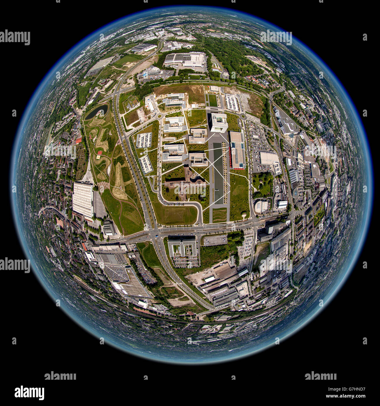 Aerial view, ThyssenKrupp belt, ThyssenKrupp Headquarters Essen, ThyssenKrupp-Park, Essen, Ruhr region, North Rhine Westphalia, Stock Photo