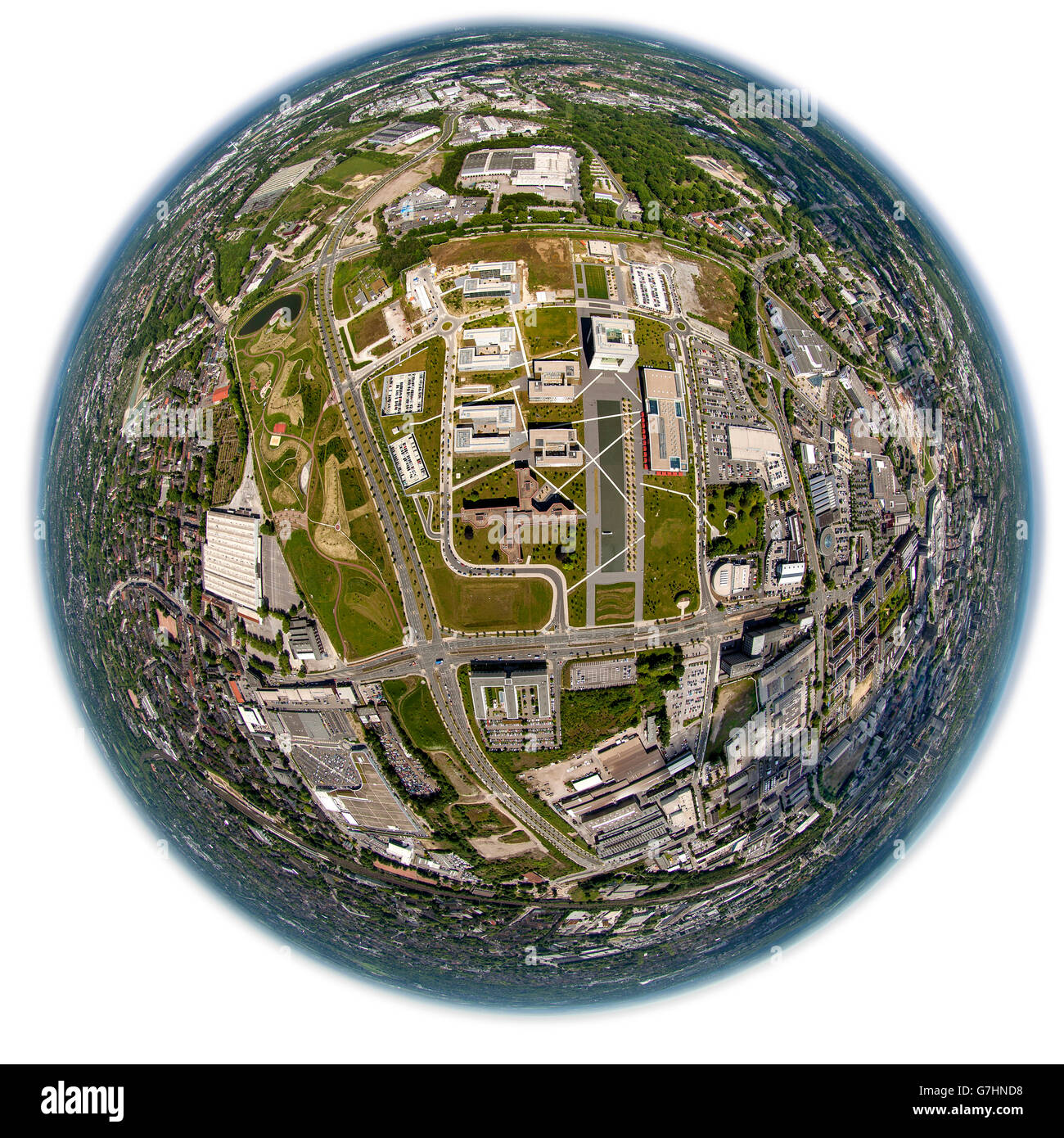 Aerial view, ThyssenKrupp belt, ThyssenKrupp Headquarters Essen, ThyssenKrupp-Park, Essen, Ruhr region, North Rhine Westphalia, Stock Photo