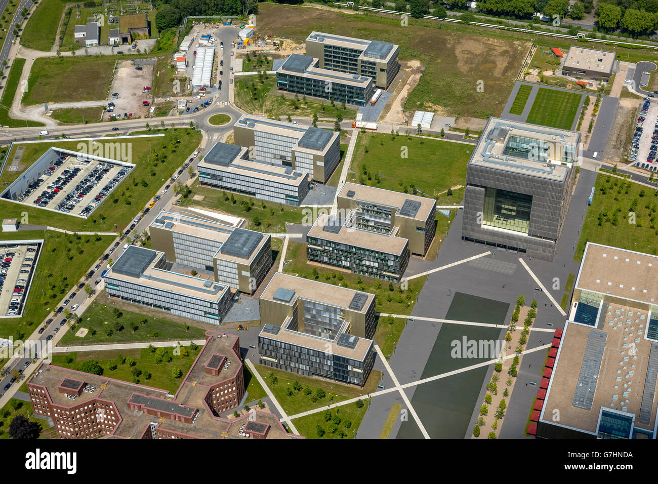 Aerial view, ThyssenKrupp belt, ThyssenKrupp Headquarters Essen, ThyssenKrupp-Park, Essen, Ruhr region, North Rhine Westphalia, Stock Photo