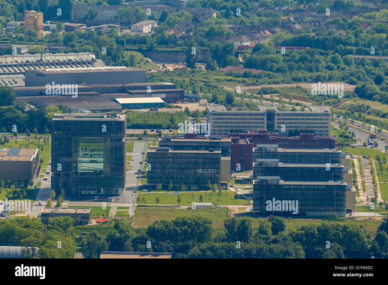 Aerial view, ThyssenKrupp belt, ThyssenKrupp Headquarters Essen, ThyssenKrupp-Park, Essen, Ruhr region, North Rhine Westphalia, Stock Photo