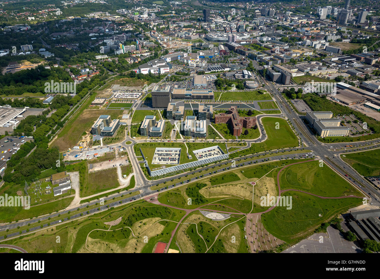 Aerial view, ThyssenKrupp belt, ThyssenKrupp Headquarters Essen, ThyssenKrupp-Park, Essen, Ruhr region, North Rhine Westphalia, Stock Photo