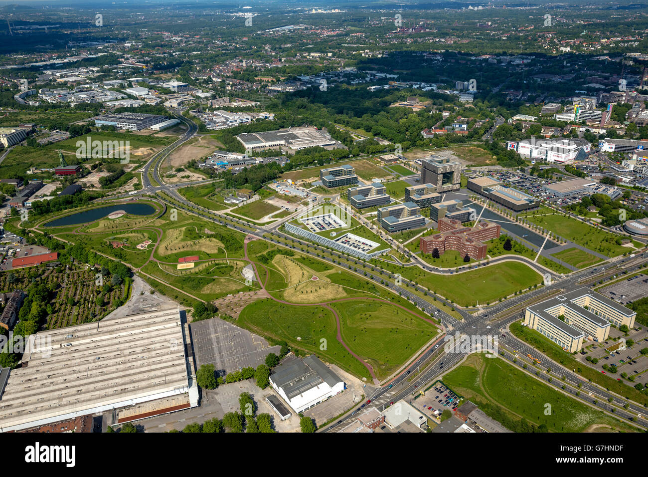 Aerial view, ThyssenKrupp belt, ThyssenKrupp Headquarters Essen, ThyssenKrupp-Park, Essen, Ruhr region, North Rhine Westphalia, Stock Photo