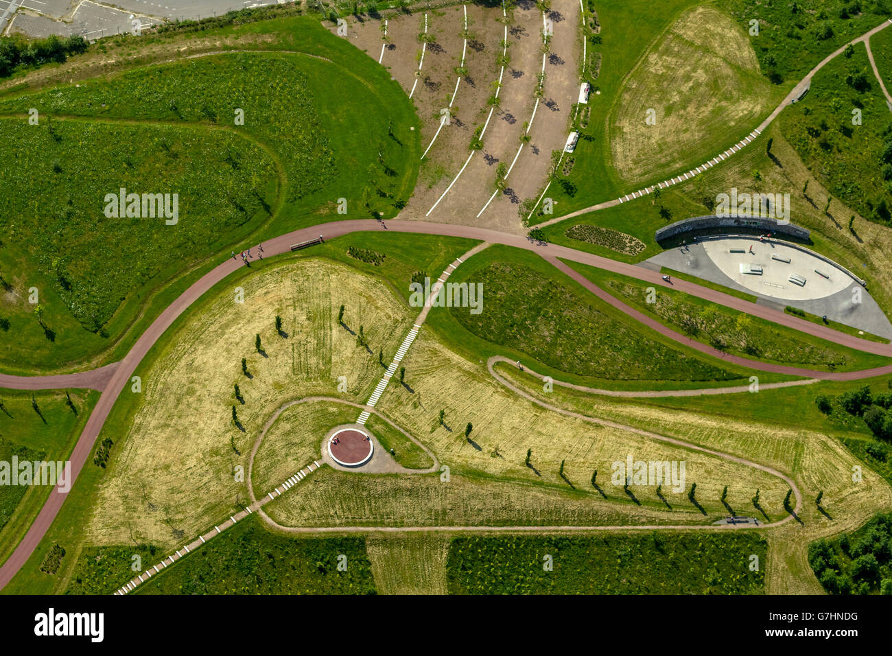 Aerial view, ThyssenKrupp belt, ThyssenKrupp Headquarters Essen, ThyssenKrupp-Park, Essen, Ruhr region, North Rhine Westphalia, Stock Photo