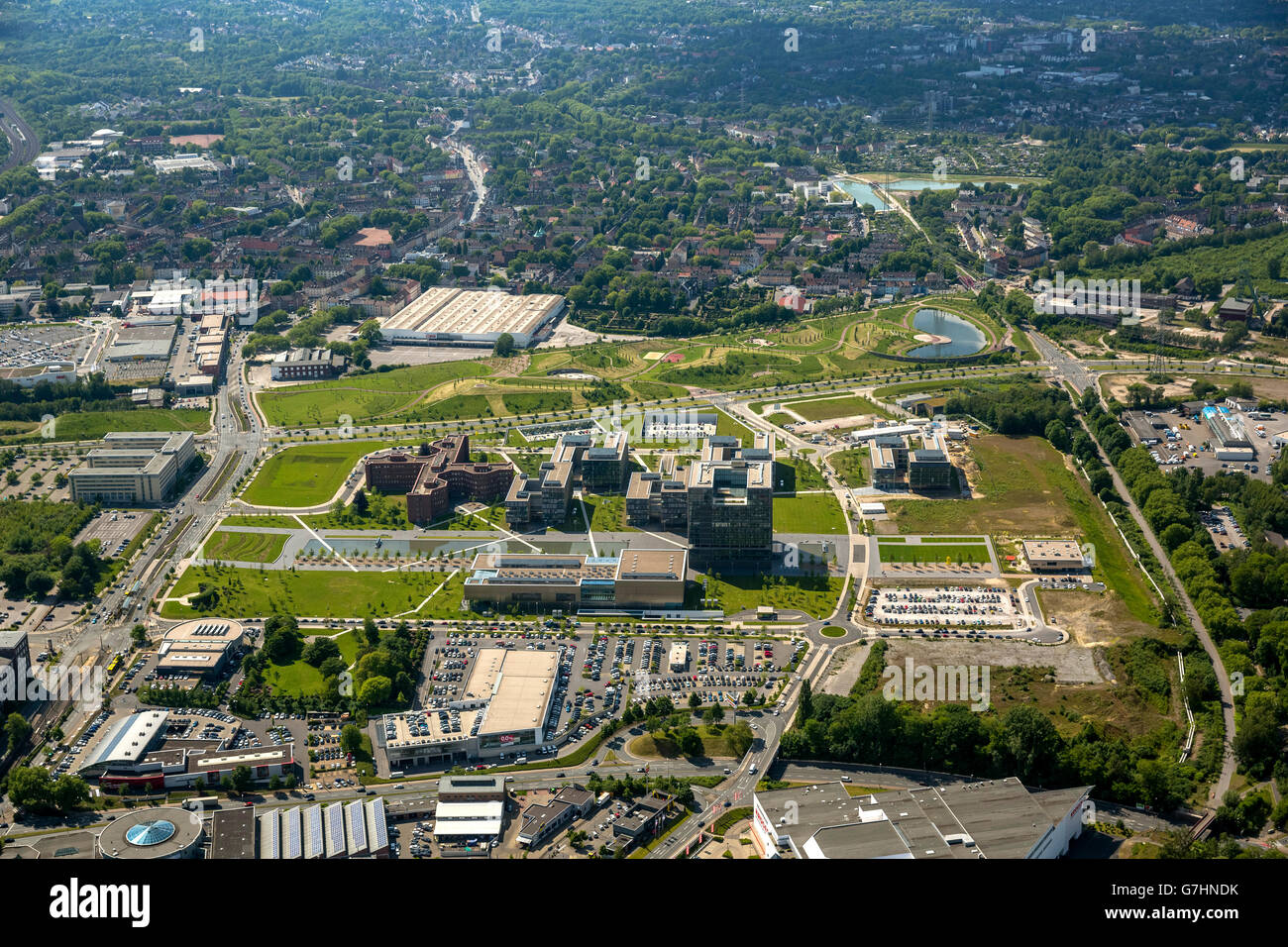 Aerial view, ThyssenKrupp belt, ThyssenKrupp Headquarters Essen, ThyssenKrupp-Park, Essen, Ruhr region, North Rhine Westphalia, Stock Photo