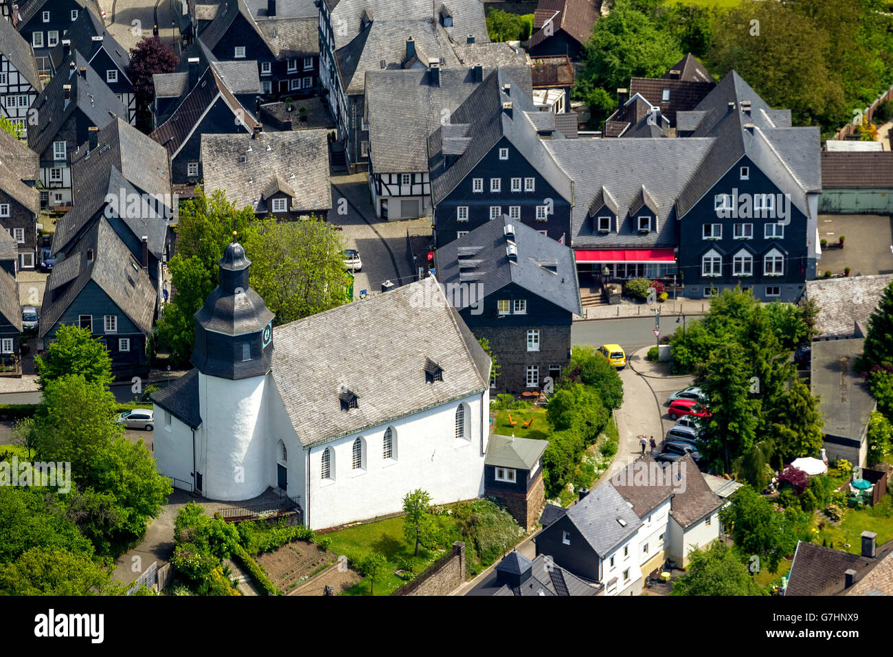 Aerial view, half-timbered houses, Evangelical Church of Freudenberg am Alten Flecken, Freudenberg, Siegen-Wittgenstein, Stock Photo