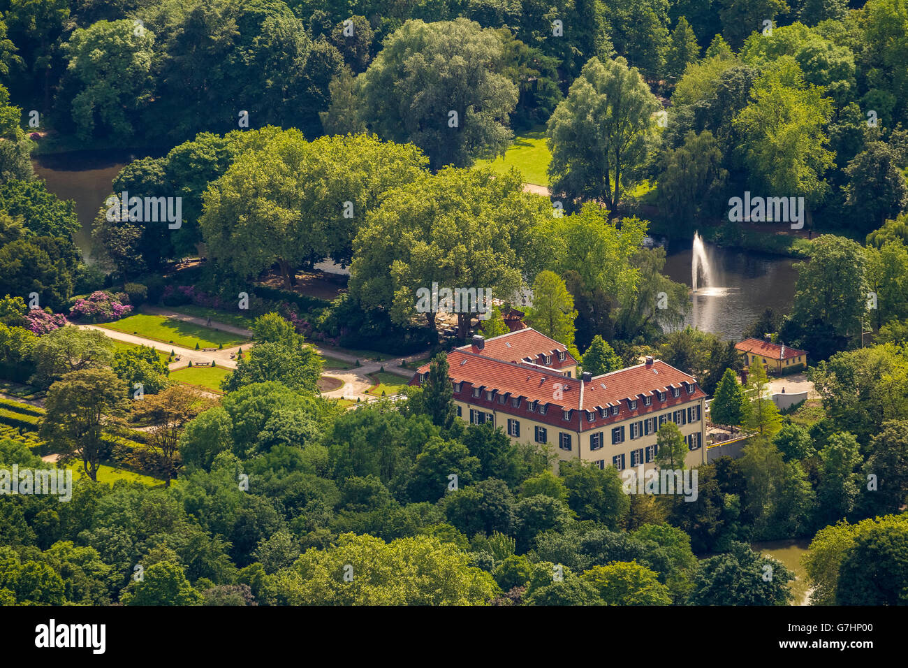 Aerial view, Schloss Berge, moated castle, Gelsenkirchen, Gelsenkirchen-Buer, Ruhr region, North Rhine Westphalia, Germany, Stock Photo