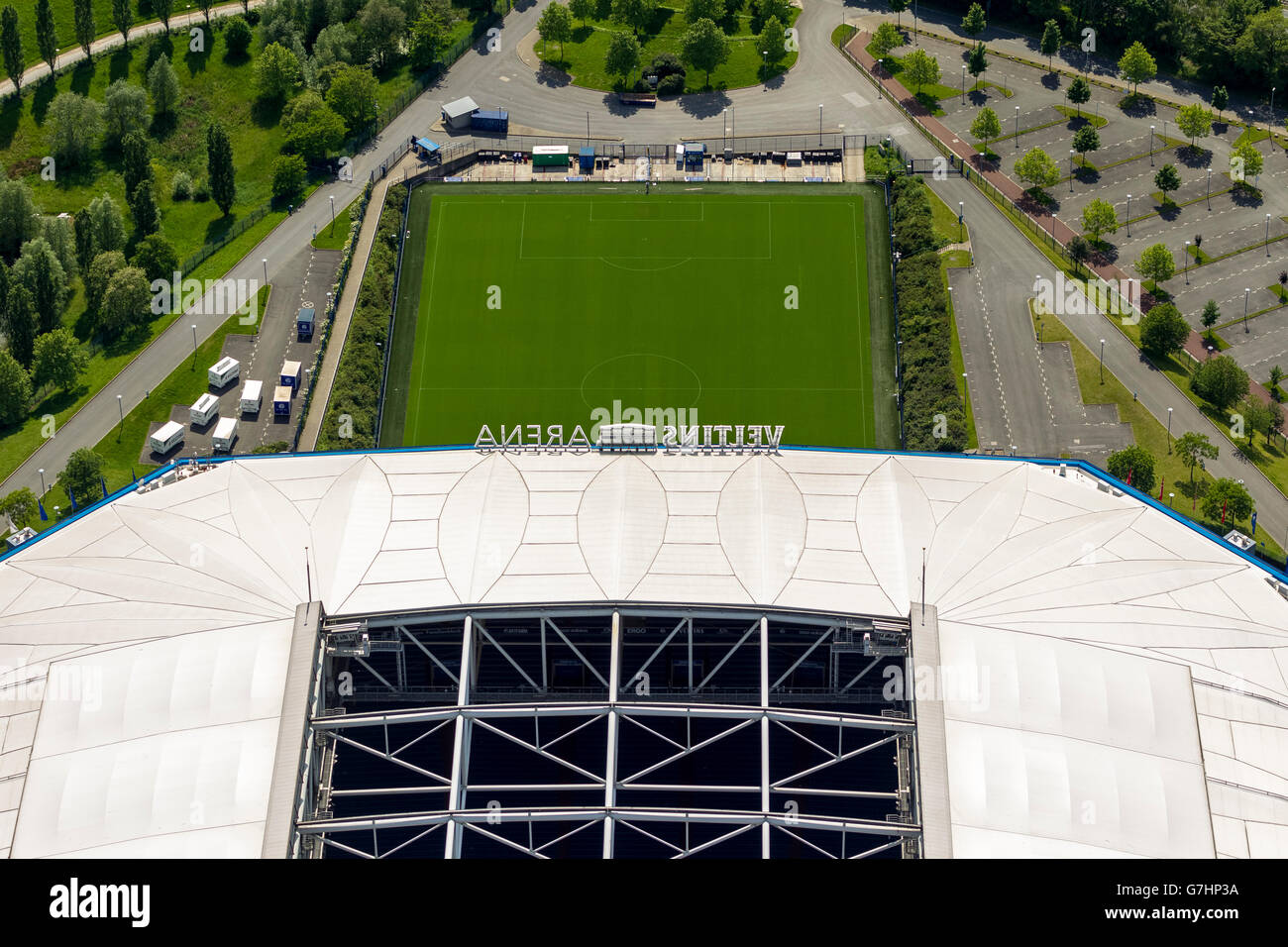 Aerial view, Veltins Arena with Scripture, Schalke Stadium, Gelsenkirchen, Gelsenkirchen-Buer, Ruhr Area, North Rhine Westphalia Stock Photo