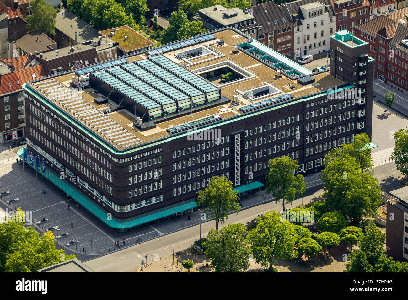Aerial view, Restored Town Hall Gelsenkirchen, Hans-Sachs-Haus, brick architecture, brick expressionism, Gelsenkirchen, Stock Photo