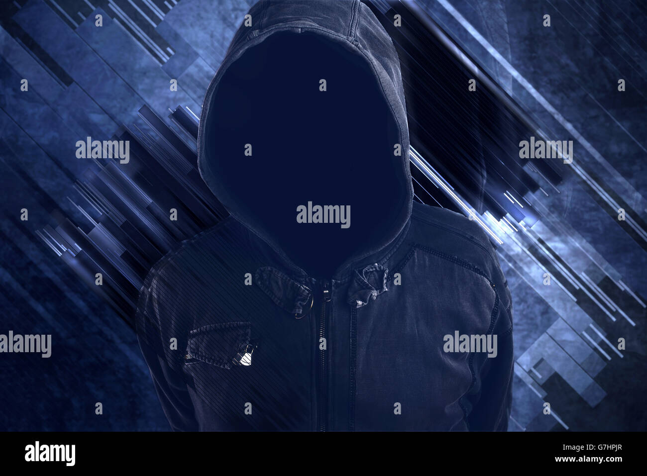 Unrecognizable hooded soccer hooligan portrait, spooky faceless