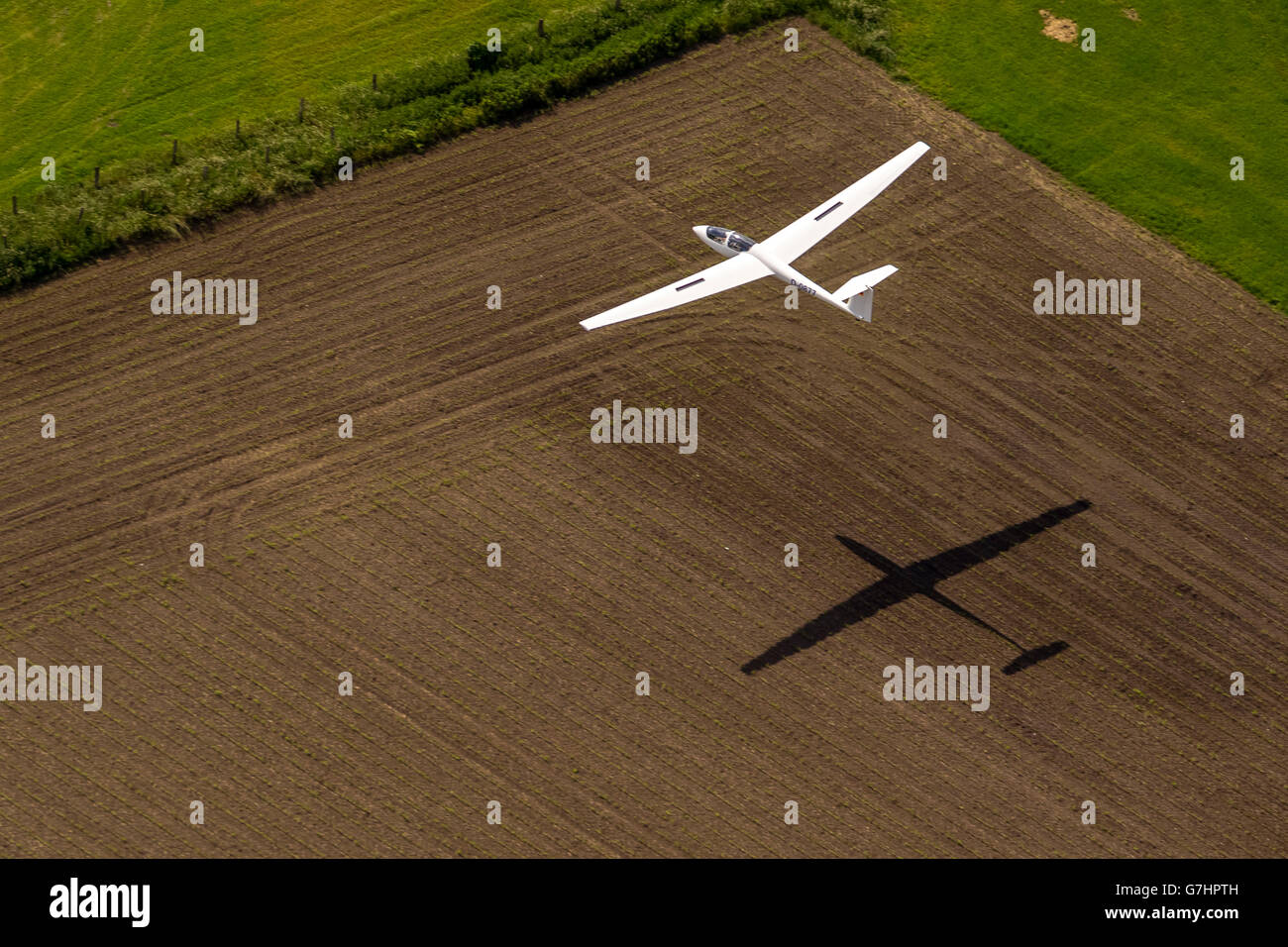 Aerial view, Glider ASK 21 approaching the airfield Hamm-Lippewiesen, Hamm, Ruhr, Nordrhein-Westfalen, Germany, Europe, Aerial Stock Photo