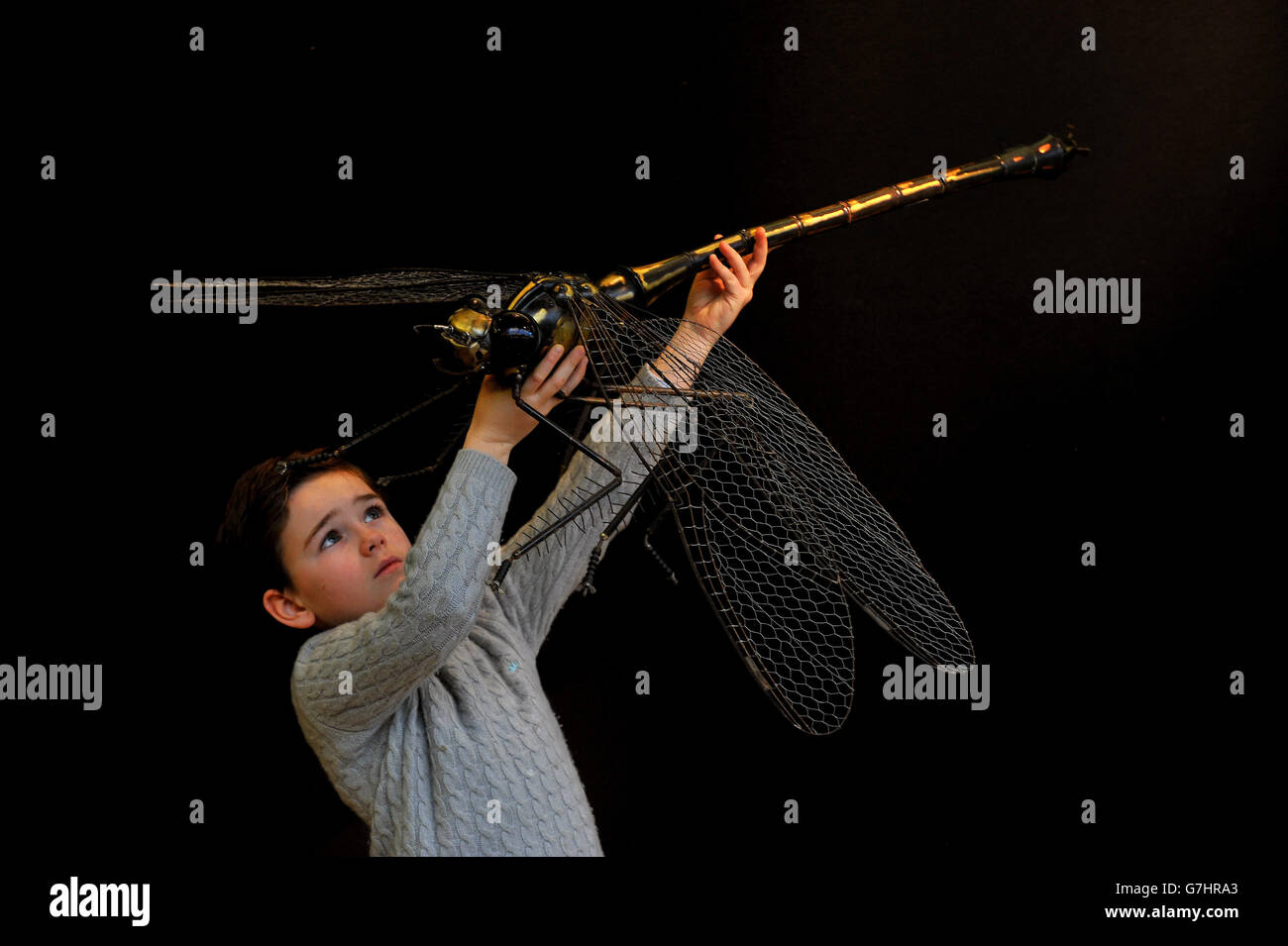 Louis Kebell, nine, holds a French metalwork model of a Dragonfly Circa 2013, by Edouard Martinet with an estimate of &pound;18,000- &pound;25,000, during a photo call and preview of Christie's forthcoming Creatures Great and Small sale, a themed auction which celebrates the animal as inspiration and takes place on December 17th at Christie's, in Old Brompton Road, London. Stock Photo