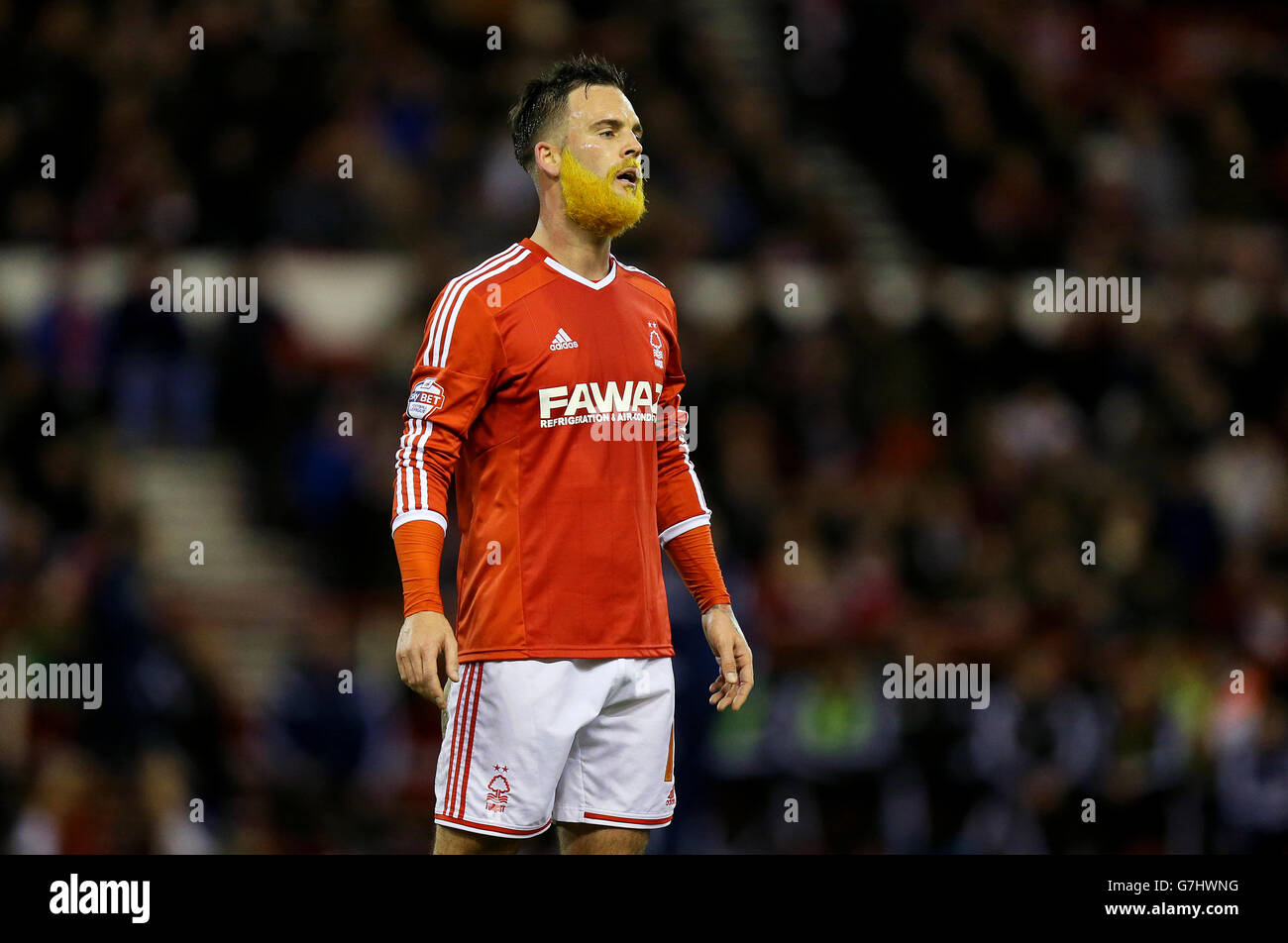 Nottingham Forest's Danny Fox with his beard dyed orange in order to raise awareness of the disease Cystic Fibrosis during the Sky Bet Championship match at the City Ground, Nottingham. Stock Photo