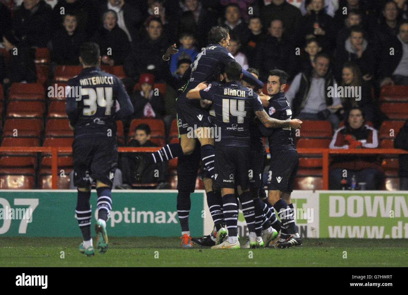 Soccer - Sky Bet Championship - Nottingham Forest v Leeds United - City Ground. Leeds United players celebrate their sides first goal of the game Stock Photo